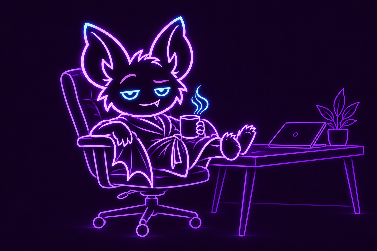 Count Quota, a bat in a robe with a mug and his feet on the desk