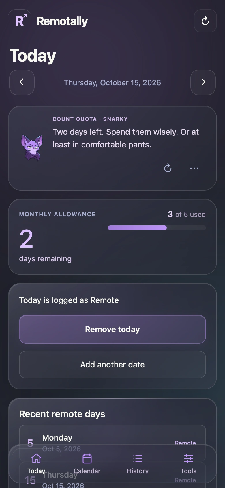 Sample Remotally browser app with Dracula Glass, Count Quota, monthly allowance, remote-day history and navigation.